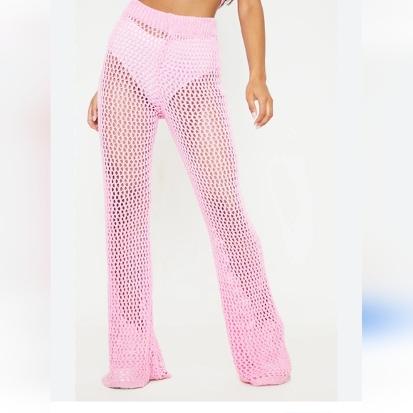 Pretty Little Thing Crochet Wide Leg Pants Women Sz 16 Beige  Flare Knit New - Picture 1 of 12